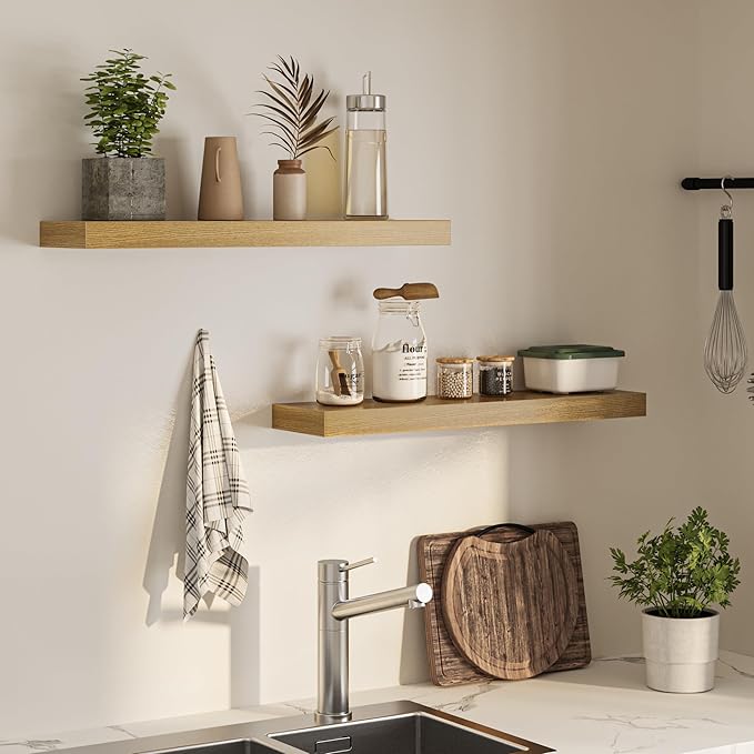 Floating Shelves for Wall, 31.5" W x 6.7" D x 1.5" H, Wooden Wall Mounted Display Shelves with Invisible Brackets for Living Room, Bedroom, Bathroom, Kitchen Decor and Storage, Set of 2, Oak-Ruum Studio Home
