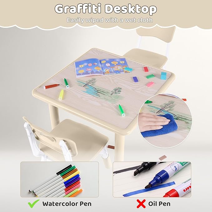 Kids Table and 2 Chairs Set, Height Adjustable (17.7"-26.1") Toddler Table and Chair Set, Multi-Activity Table with Graffiti Desktop, Children’s Table and Chairs for Classroom, Home & Daycare-Ruum Studio Home