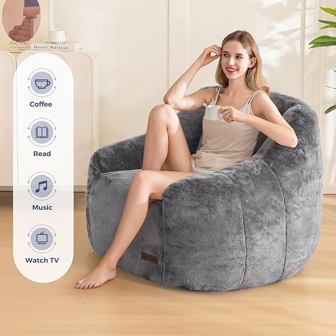 MAXYOYO Bean Bag Chair, Comfy Bean Bag Sofa with Back Support, Faux Fur Bean Bag Chair for Adults and Kids, Stuffed Floor Sofa for Living Room, Bedroom, Apartment, Grey-Ruum Studio Home