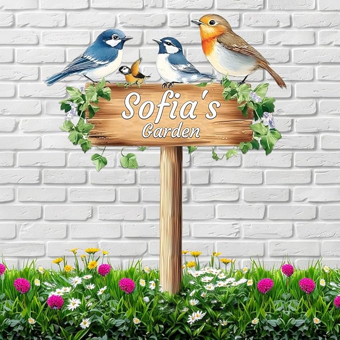 Personalized Colorful Bird Metal Sign with Stake,Custom Gardener Last Name Signs Outdoor Decorate,Customized Garden Accessories Decor for Mother,Birds on the Branch Plaques for Patio Lawn Porch Yard-Ruum Studio Home
