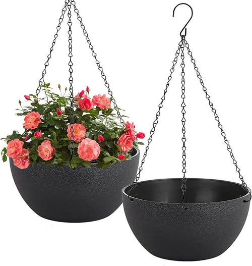 10 inch Hanging Planters for Indoor Plants, 2 Pack Planters for Outdoor Plants with Drainage Holes and Chain, Round Plastic Hanging Baskets, Hanging Flower Pots for Balcony Garden Decor-Black-Ruum Studio Home