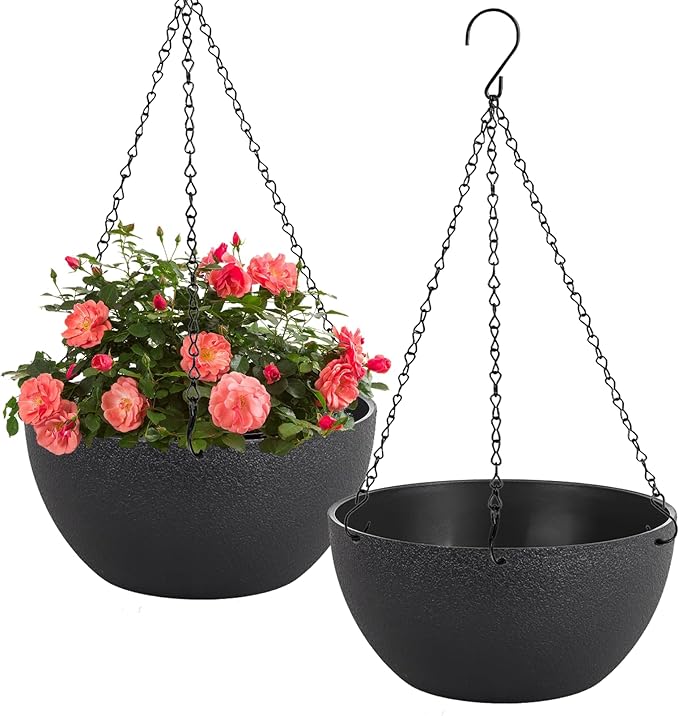 13 inch Hanging Planters for Indoor Plants, 2 Pack Planters for Outdoor Plants with Drainage Holes and Chain, Round Plastic Hanging Baskets, Hanging Flower Pots for Balcony Garden Decor-Black-Ruum Studio Home
