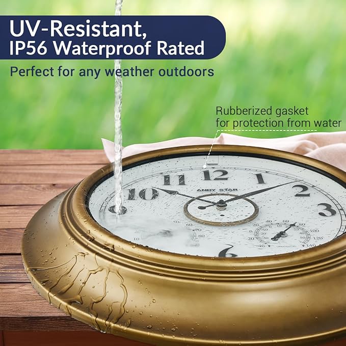 ANDY STAR 21 Inch Outdoor Clocks Waterproof, Large Outdoor Wall Clocks for Patio with Thermometer, Weatherproof Illuminated Clock Battery Operated with Thermometer&Hygrometer, Gold Metal Finish-Ruum Studio Home