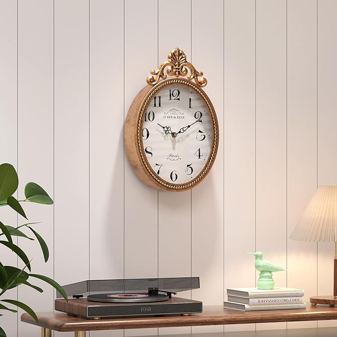 Abdurey Small French Retro Decorative Wall Clock, Antique Gold Vintage Oval Style,Silent Battery Operated Boho Decor Wall Clocks for Farmhouse,Kitchen,Bedroom,Bathroom(10.4" H x 6.7" W)-Ruum Studio Home