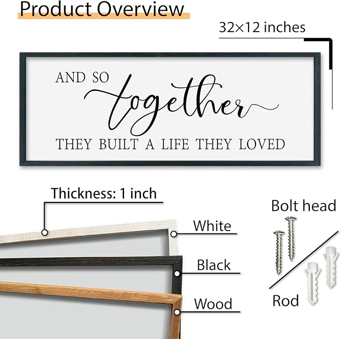 SRSZHIYUE And So Together They Built A Life They Loved Above Bed Sign Wall Decor Art 32"×12" for Master Bedroom Over Bed Large Wood Framed Wall Hanging (Black)-Ruum Studio Home
