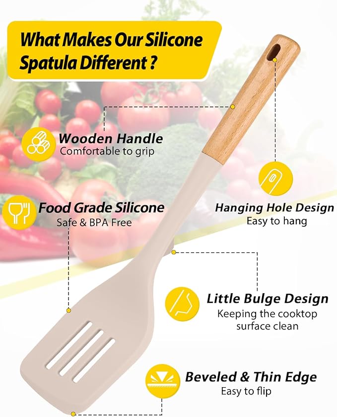 Pack of 2 Large Silicone Spatula, Heat Resistant Solid Turner, Non Stick Slotted Spatulas with Wooden Handle, Ideal Kitchen Utensils for Flipping, Pancakes, Eggs, Fish(KHAKI)-Ruum Studio Home