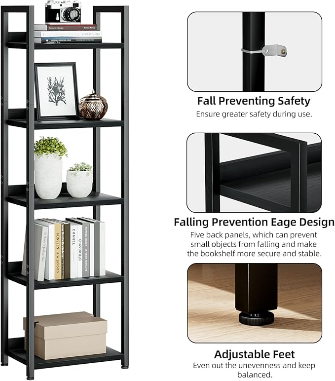NUMENN Narrow Bookshelf, 5 Tier Bookshelves, Home Office Bookcase Shelf Storage Organizer, Free Standing Storage Shelving Unit for Bedroom, Living Room and Home Office, Black-Ruum Studio Home