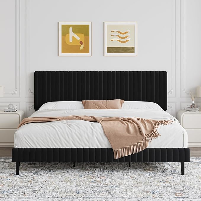 King Size Bed Frame, Velvet Upholstered Platform Bed with Vertical Channel Tufted Headboard and Footboard, No Box Spring Required, Easy Assembly, Black-Ruum Studio Home