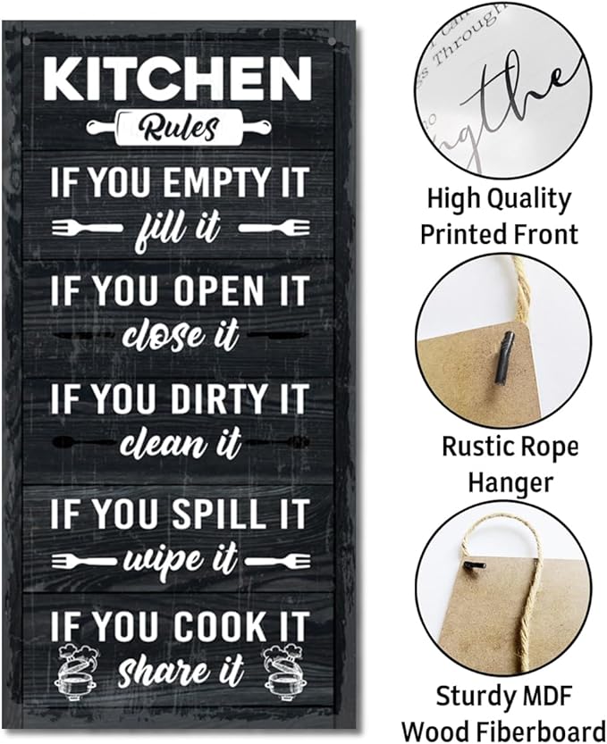 Hanging Kitchen Rules Wood Decor Sign, Rustic Kitchen Wooden Signs, Printed Wood Wall Art Sign, Kitchen Door Rules Rustic Sign, Hanging Wood Sign Kitchen Decor, Funny Farmhouse Kitchen Wall Décor A1-Ruum Studio Home