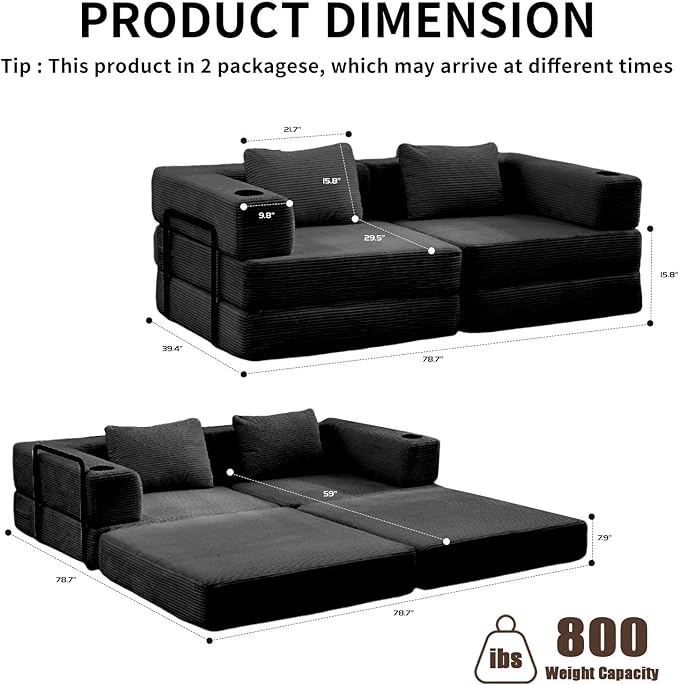78" W Loveseat Sofa, 4 in 1 Convertible Floor Sofa Bed, Boneless Cloud Couch with Cup Holder, Fold Out Floor Couch, Loveseat Recliner Sleeper for Living Room Bedroom Lounge(Corduroy, White)-Ruum Studio Home