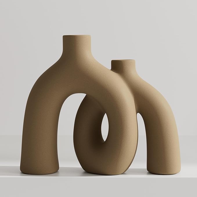 Hug Donut Decorative Vase Set - Tan Modern Rustic Farmhouse Style Vases Home Decor,Matte Ceramic Decorations for Living Room Shelf, Bookshelf Mantle Entryway Table Centerpiece or Console Décor(Brown)-Ruum Studio Home