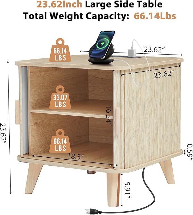 Farmhouse Square End Table with Charging Station, 24" Large Fluted Sofa Side Table with Sliding Tambour Door and Storage, Rustic Curved Wood Nightstand for Living Room, Bedroom, Natural-Ruum Studio Home