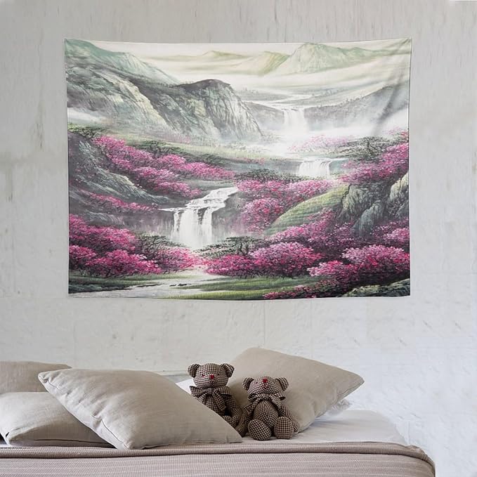 Japanese Tapestry, Red Plum Blossom Mountain, Nature Landscape, Bedroom Living Room Decor, 40"x30"-Ruum Studio Home
