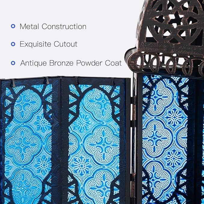 NEEDOMO Hanging Moroccan Lantern, 11'' Vintage Candle Holder, Metal Lanterns Decorative Indoor Outdoor, Table, Patio, Porch, Shelf, Gothic Home Decor (Blue, Medium Size)-Ruum Studio Home