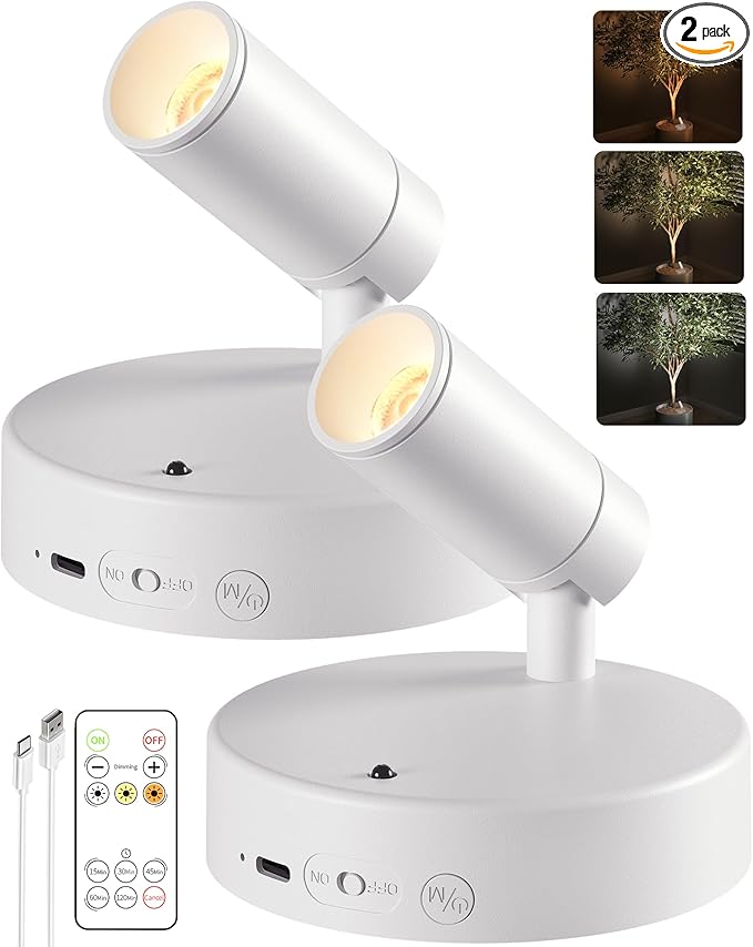 EZVALO Spot Lights Indoor,5500mAh Rechargeable Picture Lights with Remote,Wireless Mini Art Accent Spot Lights with Timer＆Dimmable, 3CCT, Uplights Indoor for Plants,Display,Artwork(2Pack-White)-Ruum Studio Home