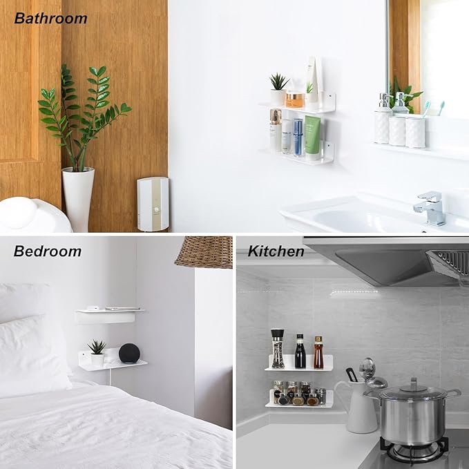 OAPRIRE White Acrylic Floating Shelves Set of 2 - Damage Free Expand Wall Space - 12 Inch Wall Shelves with Strong Adhesive for Bathroom, Bedroom, etc-Ruum Studio Home