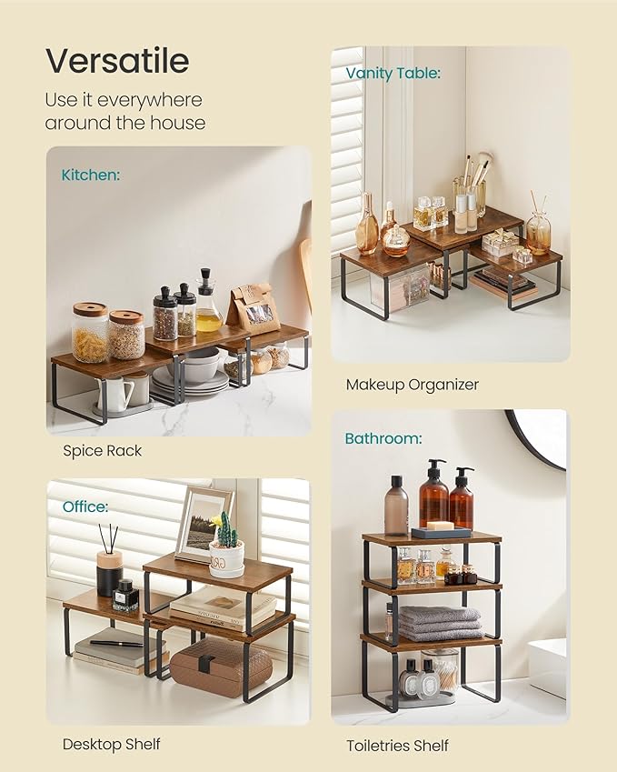 SONGMICS Cabinet Organizer Shelf, Set of 3 Kitchen Counter Shelves, Kitchen Storage, Spice Rack, Stackable, Expandable, Rustic Brown and Matte Black UKCS220K02-Ruum Studio Home