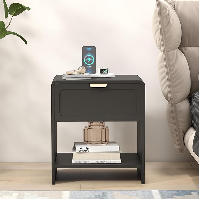 LEVNARY Nightstand Set of 2, Mid-Century Modern Bedside Table with Charging Station and Curved Top Corners, Wooden End Table for Farmhouse Bedroom Living Room (2, Black)-Ruum Studio Home