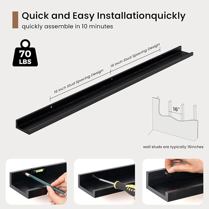 Picture Ledge Shelf, Solid Pine Wood Floating Shelves Set of 2, 48 Inches Nursery Book Shelves for Toys Storage, Kids Bookshelf Wall Mounted for Living Room Bedroom Decor Books Photo Frames, Black-Ruum Studio Home
