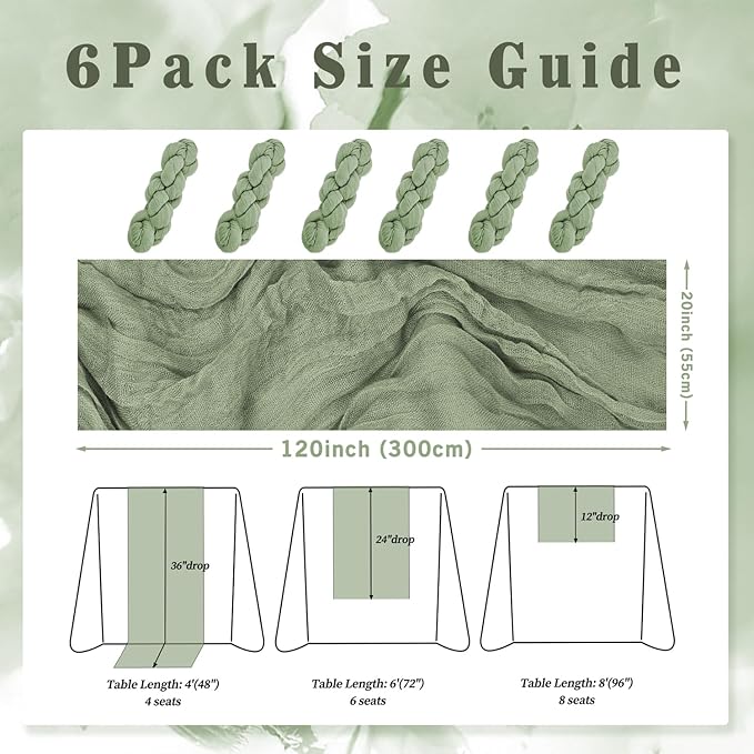 6 Pack Sage Green Cheesecloth Table Runner 10FT Rustic Gauze Fabric Cheese Cloth Table Runner for Wedding Bridal Baby Shower Table Decor 20 x 120 Inch Long Boho Sheer Birthday Party Table Decorations-Ruum Studio Home