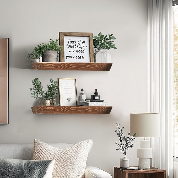 16"x6.8"x1.6" Slanted Floating Wall Shelves 2-Pack - Rustic Brown Finish, Heavy-Duty Solid Wood Design with Hidden Brackets - Perfect for Living Room, Kitchen, Bathroom, or Office-Ruum Studio Home