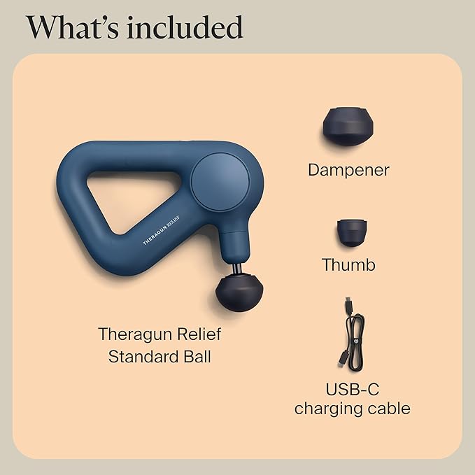 TheraGun Therabody Relief Handheld Percussion Massage Gun - Easy-to-Use, Comfortable & Light Personal Massager for Every Day Pain Relief Massage Therapy in Neck, Back, Leg, Shoulder and Body (Navy)-Ruum Studio Home