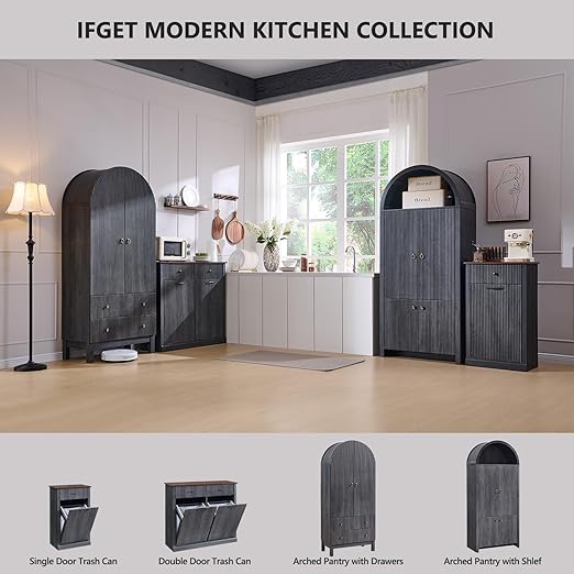 Modern Double Tilt-Out Trash Cabinet, 20 Gallon Fluted Laundry Hamper Cabinet with 2 Drawers, Wooden Hidden Garbage Can Cabinet with Storage Basket, Free Standing for Kitchen & Living Room, Grey-Ruum Studio Home