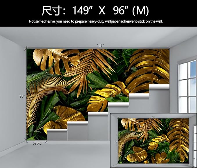 WFBHUA-Gold and Green Tropical Jungle Palm Leaf Wallpaper Mural Monstera Wall Mural for Living Room Bedroom (Not Peel and Stick)-Ruum Studio Home