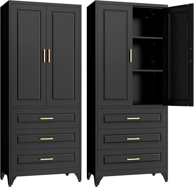 75" Kitchen Pantry Cabinet with 3 Drawers,Metal Storage Cabinets with Doors and 4 Adjustable Shelves,Black Kitchen Cabinet with 2 Gold Handles,Food Cupboard for Livingroom, Bathroom,Pantry-Ruum Studio Home