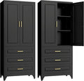 75" Kitchen Pantry Cabinet with 3 Drawers,Metal Storage Cabinets with Doors and 4 Adjustable Shelves,Black Kitchen Cabinet with 2 Gold Handles,Food Cupboard for Livingroom, Bathroom,Pantry-Ruum Studio Home