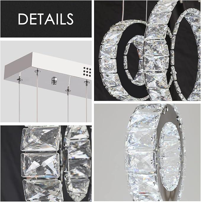 Buccleuch Modern Crystal Chandelier, Dimmable LED Ceiling Light Fixture 5-Ring Adjustable Stainless Steel Pendant Light, Silver Crystal Chandeliers for Dining Room, Bedroom, Living Room - Cool White-Ruum Studio Home