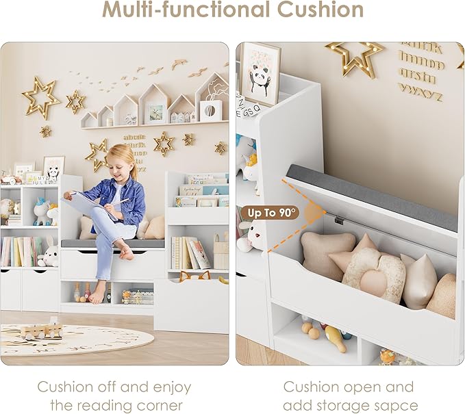 FOTOSOK 72” Kids Bookshelf with Reading Nook, Large Toy Storage Organizer with Seat Cushion and 3 Movable Drawers, Kids Reading Nook Toy Organizers and Storage with Bench for Living Room, White-Ruum Studio Home
