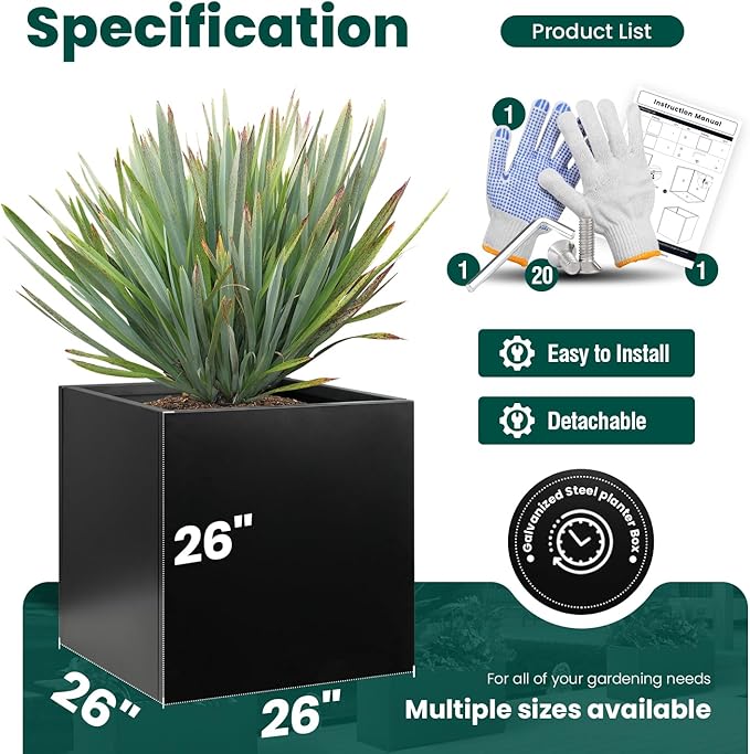 Galvanized Steel Planter Box Black Metal Planter Large Square Indoor Outdoor Planters Cube Steel Heavy Duty Flower Pot 26Inch Powder Coating Modern Commercial Residential for Patio, Deck, Yard, Garden-Ruum Studio Home