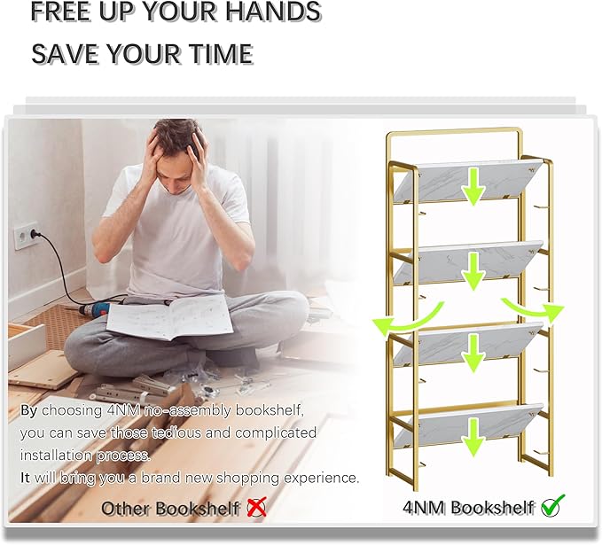 4NM No Assembly Foldable Bookshelf, 4-Shelf Collapsible Bookcase Storage for Small Spaces, 54" H, White and Golden-Ruum Studio Home