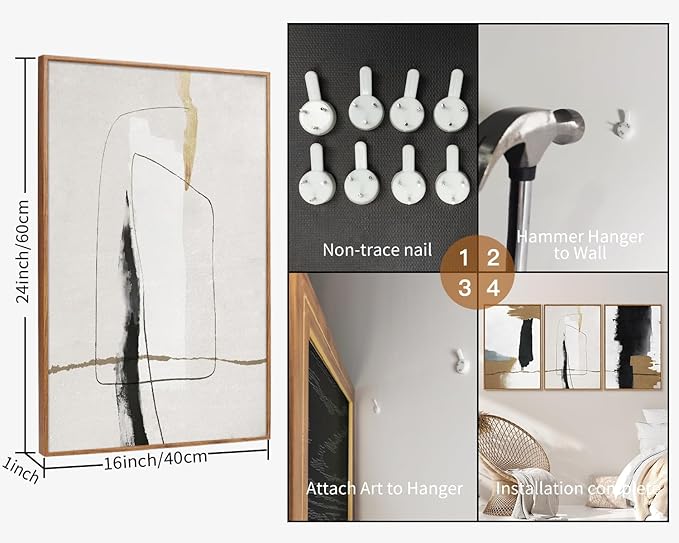 SIGNINART Black and White Abstract Framed Canvas Wall Art Set of 3, Beige Neutral Art Prints, Minimalist Modern Wall Decor for Living Room, Bedroom, Office,Above Couch 16"x24"x3-Ruum Studio Home