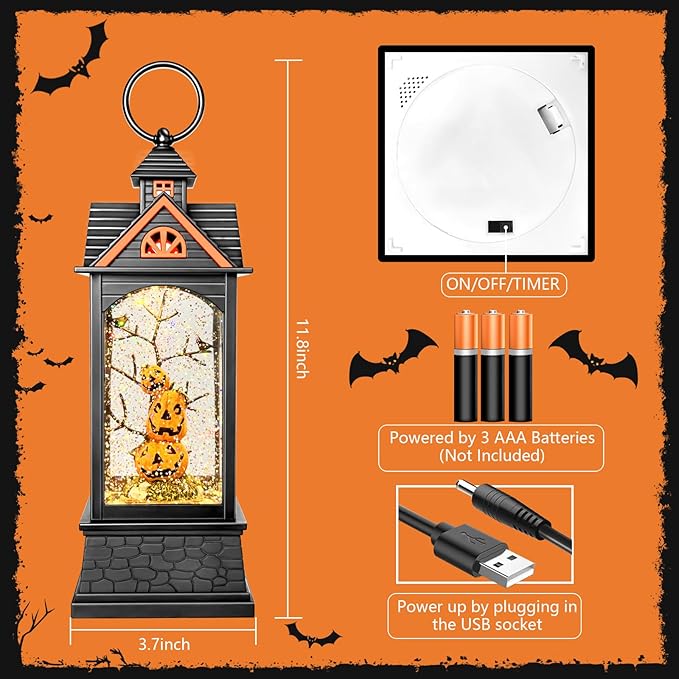 Halloween Snow Globe Lantern, Spooky Ghost Halloween Decor, Plug-in & Battery Operated Snow Globes for Halloween Decorations Indoor-Ruum Studio Home