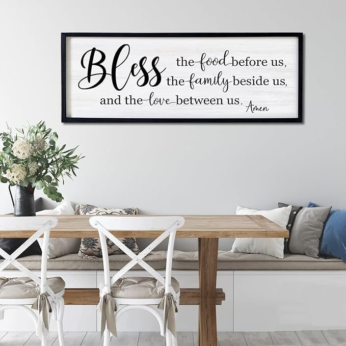 Bless the Food Before Us, the Family Beside Us, and the Love between us Framed Wall Art for Dining Room, 40''×15'' Holy Positive Religious Rustic Bible Verse for Christian God Jesus Christ Prayer-Ruum Studio Home