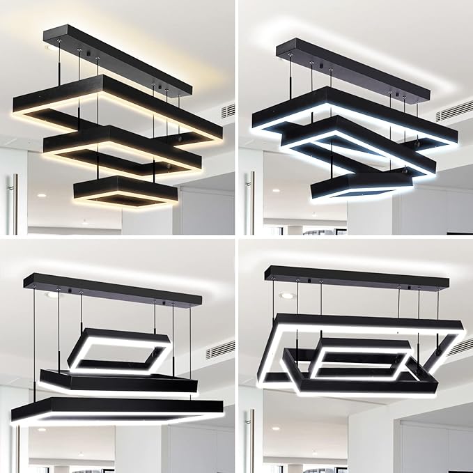 Modern 3 Rings Rectangle Chandelier for Living Room - Adjustable Height Luxury Foyer Lighting Fixture for High Ceiling, Hanging Dining Room LED Pendant Light-Ruum Studio Home