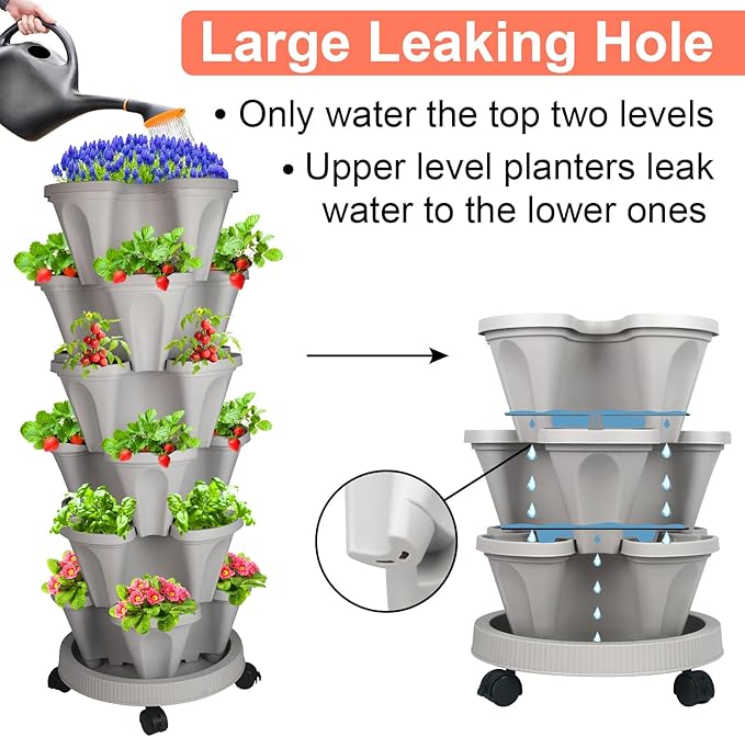 Vertical Planter 6 Tier Stackable Planters Garden Planters Strawberry Herb Flower and Vegetable Planter Indoor Outdoor Gardening Pots with Removable Wheels and Tools-Ruum Studio Home