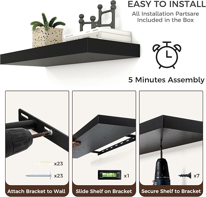 Floating Shelves - 2 Large Wall Mounted Shelves with Invisible Brackets, Long Wood Floating Wall Shelf for Living Room, Bedroom, Kitchen (Black, 48" W x 9" D x 1.5" H)-Ruum Studio Home