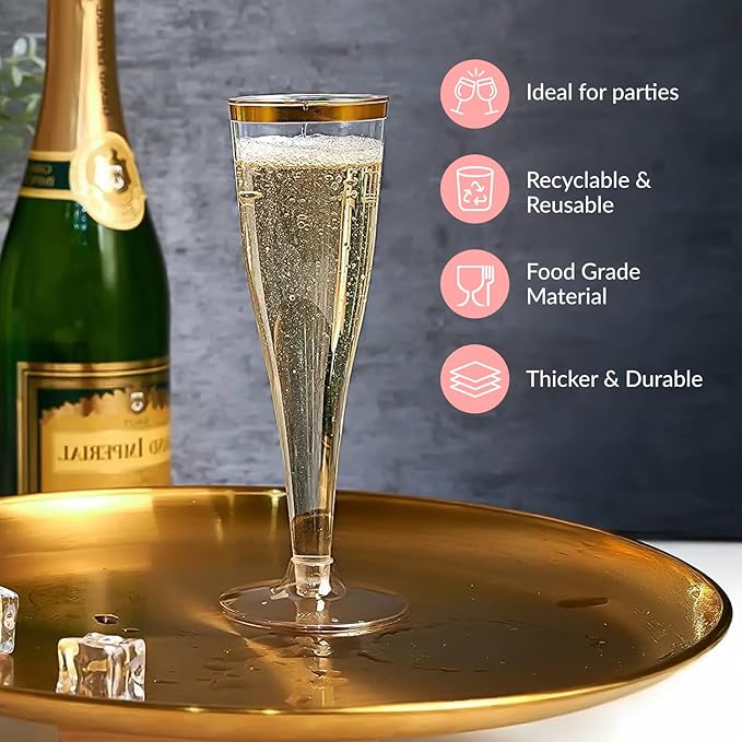 Prestee 48 Disposable Plastic Champagne Flutes with Gold Rim Glitter - Clear Toasting Glasses for Mimosa, New Year’s Eve Party, and Elegant Celebrations - Premium Quality Disposable Stemware-Ruum Studio Home