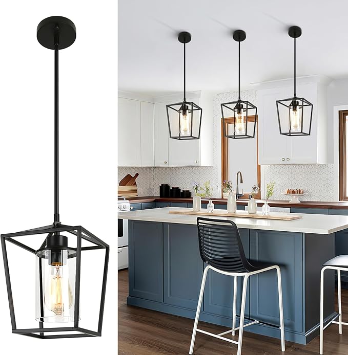 3 Pack Black Pendant Lights for Kitchen Island, 1-Light Farmhouse Metal Pendant Light Cage Kitchen Hanging Light Fixtures with Clear Glass Shade for Dining Room, Entryway, Hallway, Foyer-Ruum Studio Home