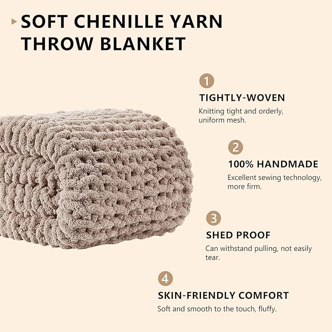 L'AGRATY Chunky Knit Blanket Throw: 80''x90'' Chenille Chunky Knitted Throw Blankets for Bed Couch - Handmade Thick Big Cable Knit Blanket - Large Crochet Rope Blankets for Home Decor(Light Taupe)-Ruum Studio Home