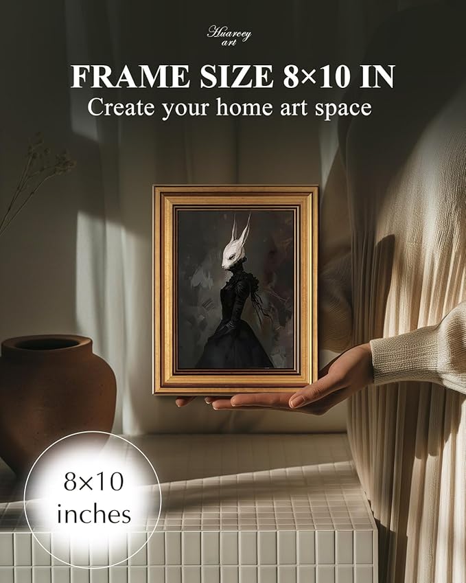 HUARCEY Gold Framed Vintage Wall Art Canvas Prints Gothic Room Decor Vintage Rabbit Lady Wall Decor, Aesthetic Dark Academia Halloween Pictures Oil Painting Goth Decorations 8x10in-Ruum Studio Home