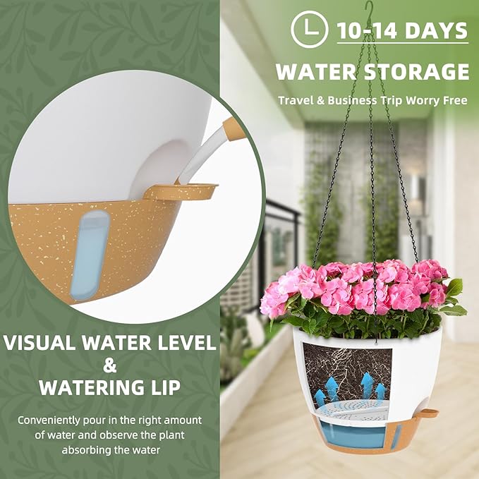 ZMTECH 12 Inch Hanging Planters for Indoor Outdoor Plants, 2 Pack Self Watering Hanging Plant Pots with Drainage Hole, Visual Reservoir, Plastic Flower Hanging Pots with Watering Lip (White)-Ruum Studio Home