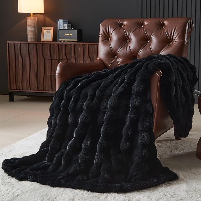 Lotus Karen Faux Fur Blanket Black - Big Bubble Rabbit Fluff King Throw for The Bed Large Fluffy Fuzzy Cozy Thick Furry Plush Shaggy Blankets 108x90 Inches-Ruum Studio Home