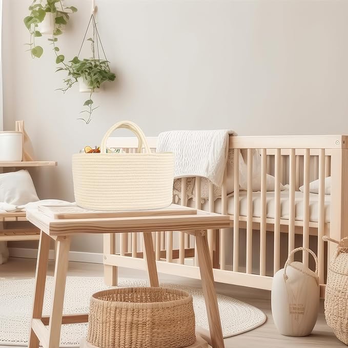 Diaper Caddy Organizer Cotton Rope Baby Basket Nursery Storage and Portable Tote Bag for Car Ideal Baby Shower Gifts and Registry Must-Have for Newborn Essentials Large beige-Ruum Studio Home