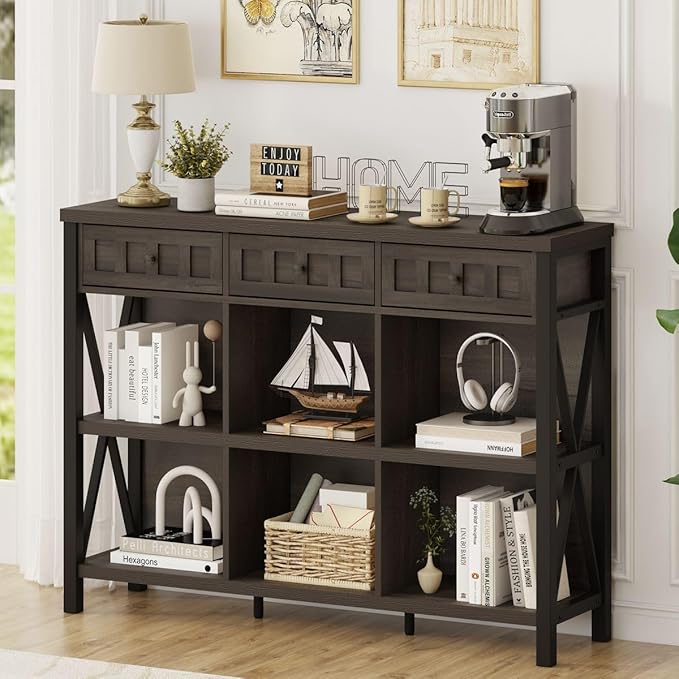 FATORRI Rustic 6 Cube Storage Organizer Bookshelf with 3 Drawers, Short Low Horizontal Bookshelf for Living Room, Industrial Wood and Metal Cubby Bookcase for Home Office (Walnut Brown, 47 Inch)-Ruum Studio Home