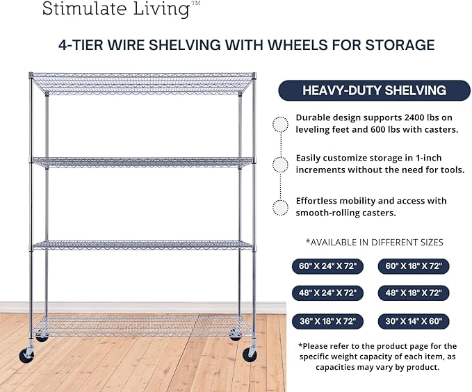 60"x24"x72" PRIME HEAVY DUTY Chrome 4-Tier Wire Shelving NSF 2400 LBS MAX Capacity Storage Rack for Commercial, School, Home, Garage, Warehouse, Industrial, and Hospital Uses (with Wheels)-Ruum Studio Home