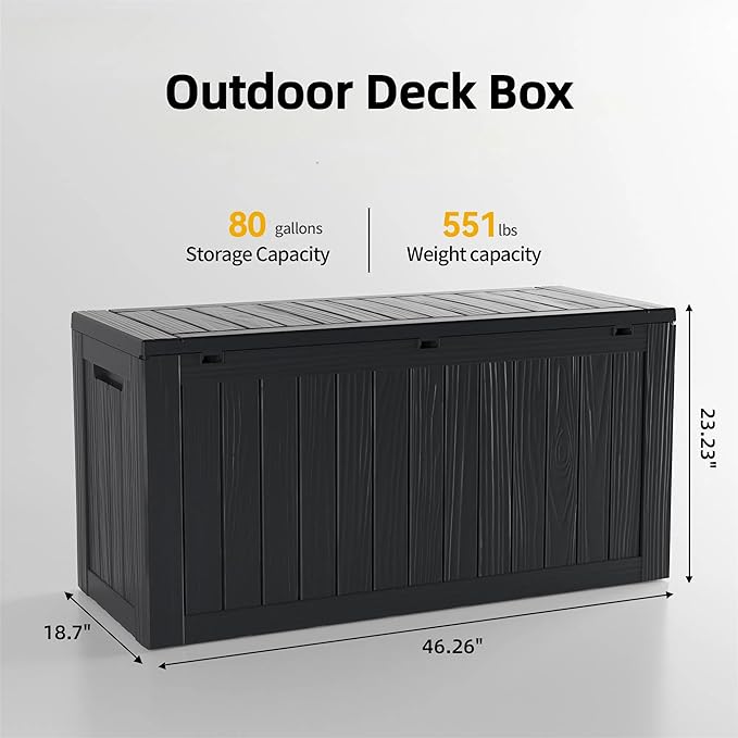 80 Gallon Deck Box, Outside Storage Box Waterproof for Outdoor Cushion Storage, Garden Tools, Resin Outdoor Storage Box, Black-Ruum Studio Home